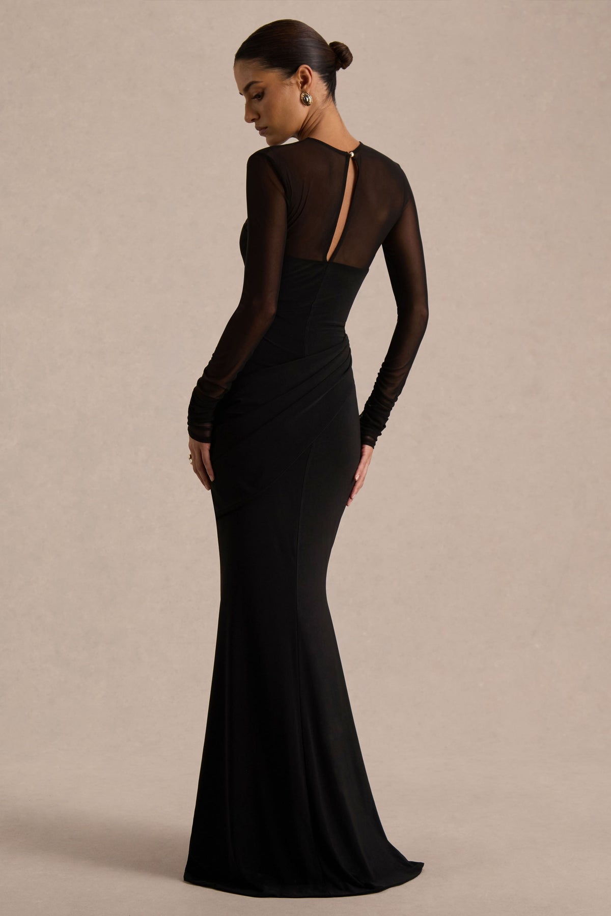 Deema | Vestido Largo Negro de Jersey y Malla con Cuello Alto