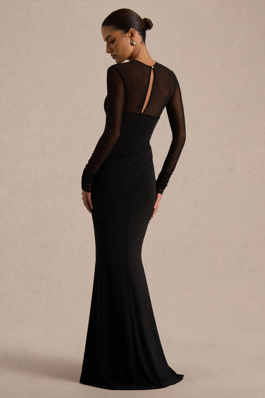 Deema | Vestido Largo Negro de Jersey y Malla con Cuello Alto