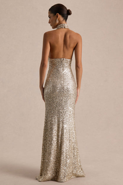 Tulia | Vestido Largo Champán de Lentejuelas con Escote Alto