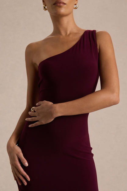 Zya | Vestido largo cola de pez con escote asimétrico en ciruela oscuro