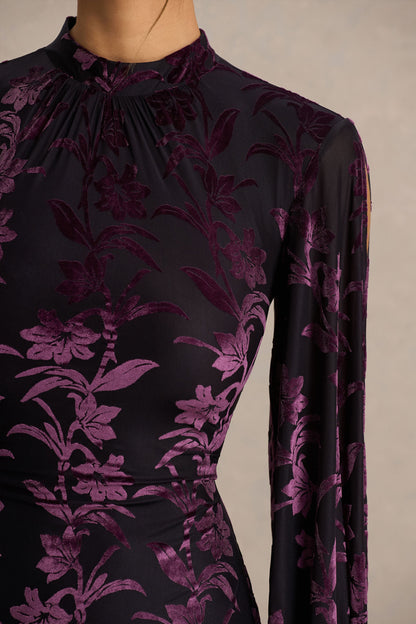 Janet | Vestido Largo devoré negro y morado de cuello alto con detalles calados