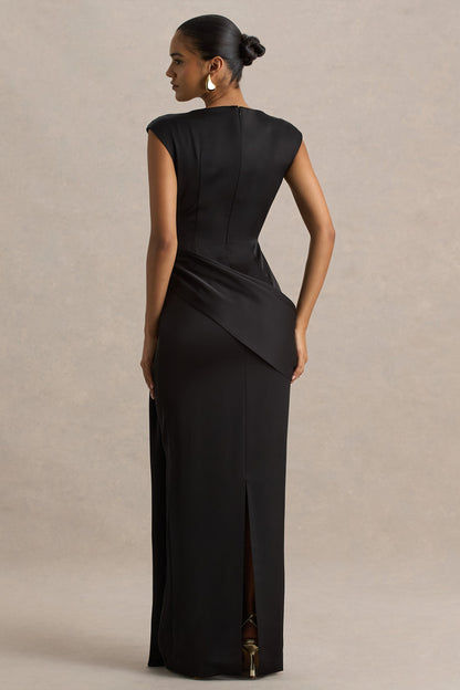 Influence | Vestido Largo Negro de Satén con Escote Alto y Detalles Fruncidos y Adornados