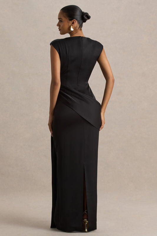 Influence | Vestido Largo Negro de Satén con Escote Alto y Detalles Fruncidos y Adornados