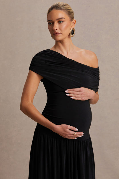 Noah | Vestido Largo Negro con Escote Asimétrico y Cintura Caída
