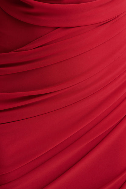 Cairo | Vestido Largo Rojo con Cuello Drapeado y Detalle Fruncido
