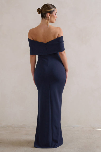 Eva | Vestido Largo Bardot Azul Marino con Lazo y Abertura en el Muslo