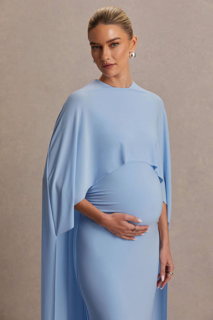 Padma | Vestido Largo Premamá Azul Polvo Drapeado con Mangas Capa
