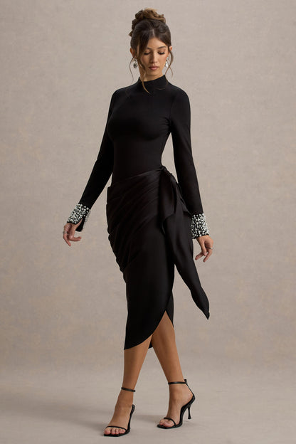 Luanna | Vestido Midi Negro de Satén con Mangas Largas y Falda Drapada
