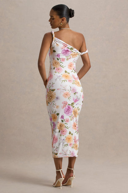 Nora | Vestido midi ajustado con escote asimétrico con detalle torcido con estampado floral