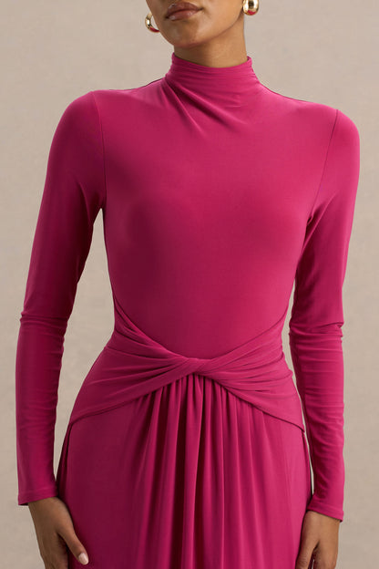 Hourglass | Vestido Largo Fucsia de Manga Larga con Escote alto, Detalle Cruzado en la Cintura y Abertura Frontal
