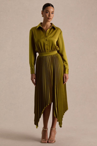 Naxos | Vestido Largo Camisero de Satén Color Oliva