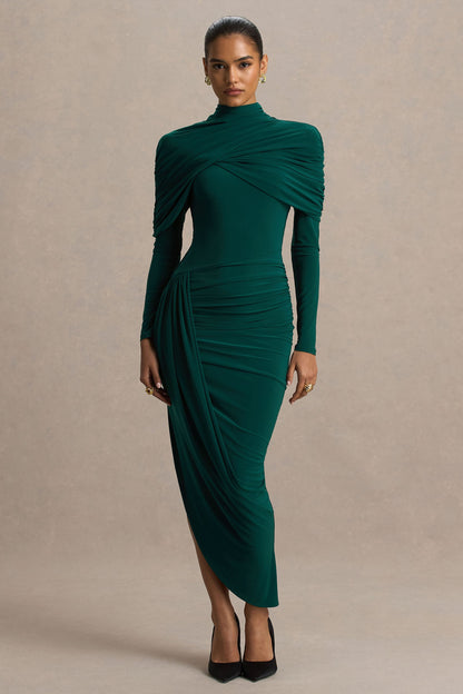 Aneira | Vestido largo de cuello alto verde botella con mangas capeadas