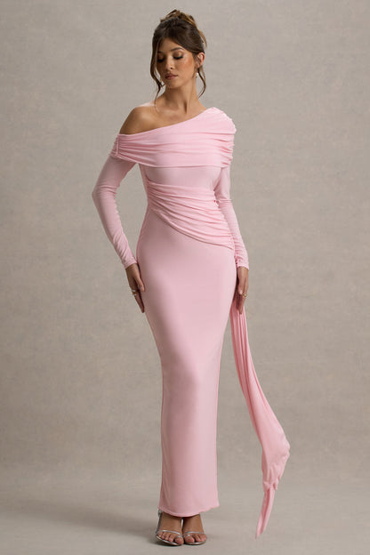 Valina | Vestido largo rosa con mangas largas y drapeado lateral
