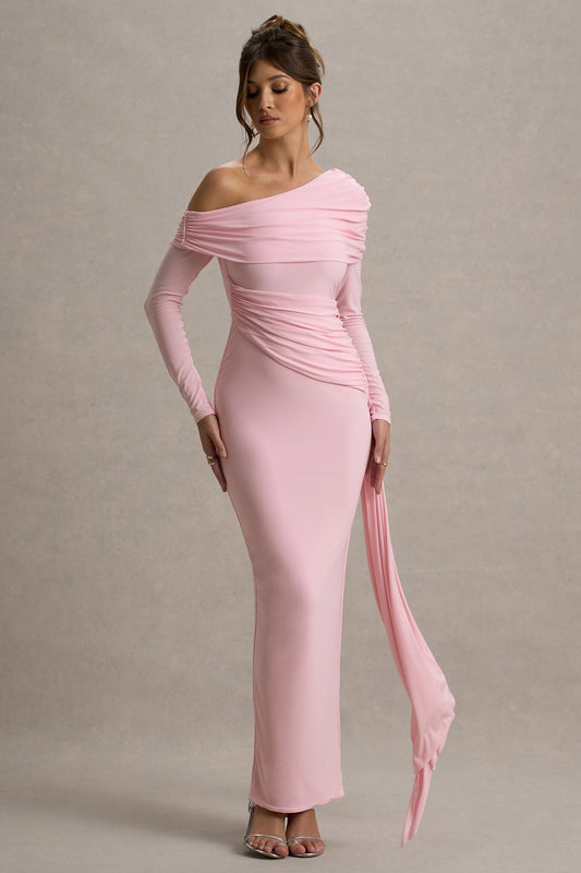 Valina | Vestido largo rosa con mangas largas y drapeado lateral