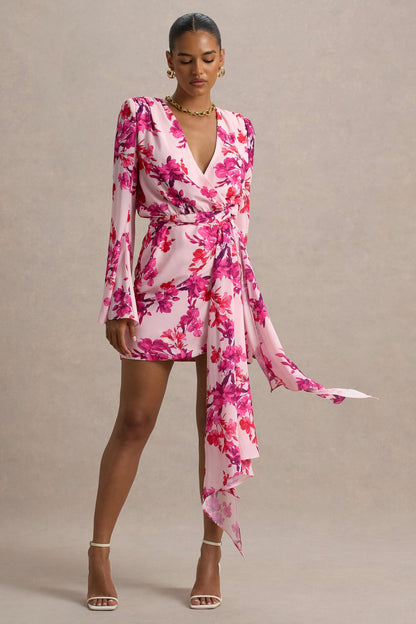 Goldie | Vestido corto de gasa con estampado floral rosado y detalle de cinta