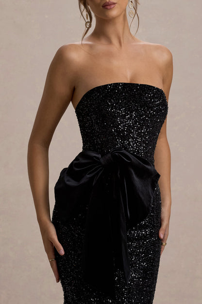 Adee | Vestido Midi de Terciopelo Negro con Escote Halter y  detalle de Lazo