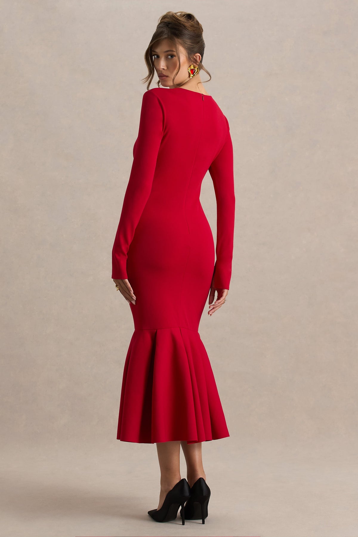 Liberty | Vestido midi rojo con mangas largas y bajo con volante
