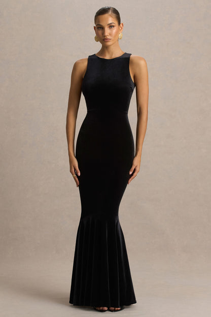 Pippa | Vestido Largo Negro De Terciopelo Con Cuello Redondo Y Cola De Sirena