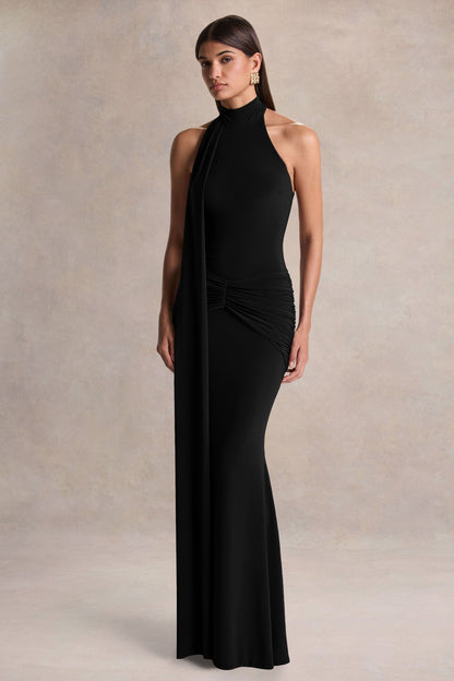 Hyla | Vestido Largo Negro con Escote Alto y Detalle de Fajín