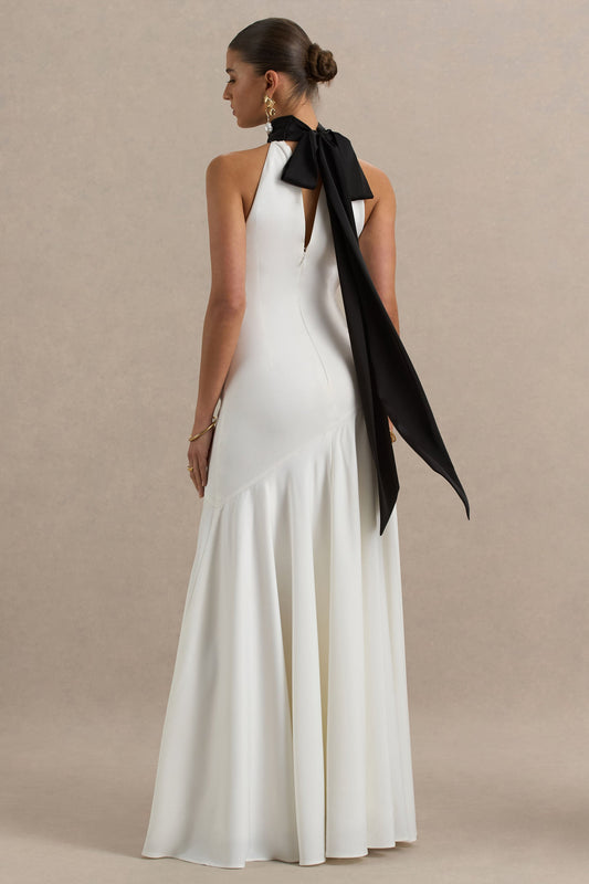 Luscious | Vestido largo blanco y negro con cuello alto cintura baja y detalle de lazo.