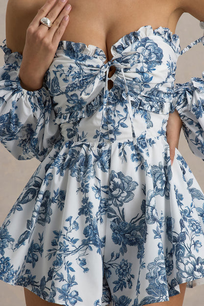 Ithaca | Mono corto con estampado floral azulado y mangas voluminosas