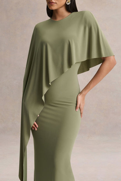 Ravena | Vestido Largo Verde Oliva de Cuello Redondo con Manga de Capa Asimétrica