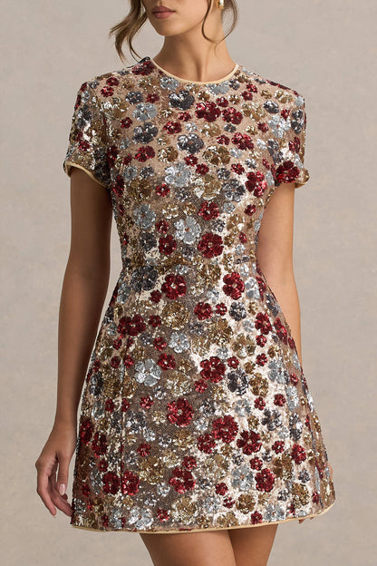 Eira | Vestido corto rojo de lentejuelas con estampado floral y escote redondo