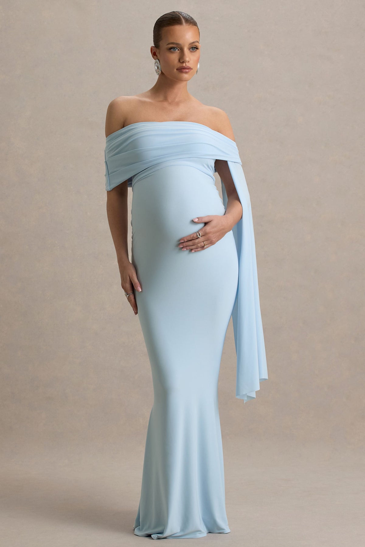 Aquila | Vestido largo de premamá Azul bebé con Escote Bardot y Manga Drapeada