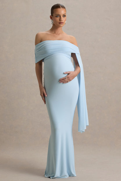 Aquila | Vestido largo de premamá Azul bebé con Escote Bardot y Manga Drapeada