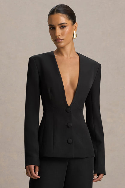 Rosalina | Blazer Negro Entallado con Escote Profundo Extremo