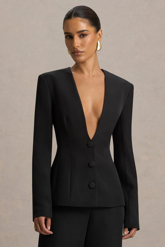Rosalina | Blazer Negro Entallado con Escote Profundo Extremo