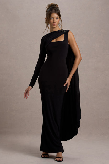 Ashini |  Vestido largo Negro de Una Manga con Capa