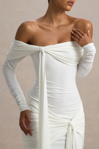 Essie | Vestido corto blanco de mangas largas con escote bardot y detalles de lazo