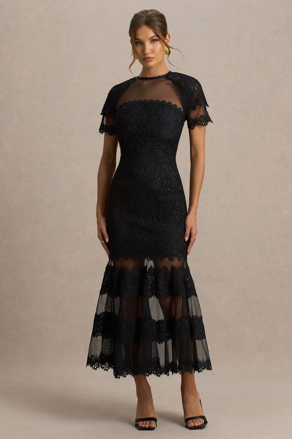 Leanne | Vestido midi negro de encaje y malla con cuello redondo y corte sirena