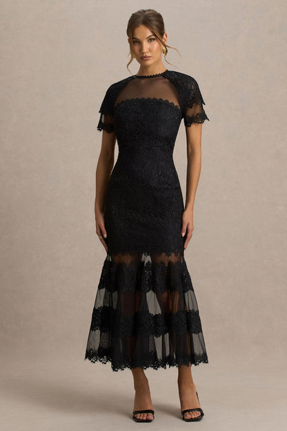 Leanne | Vestido midi negro de encaje y malla con cuello redondo y corte sirena