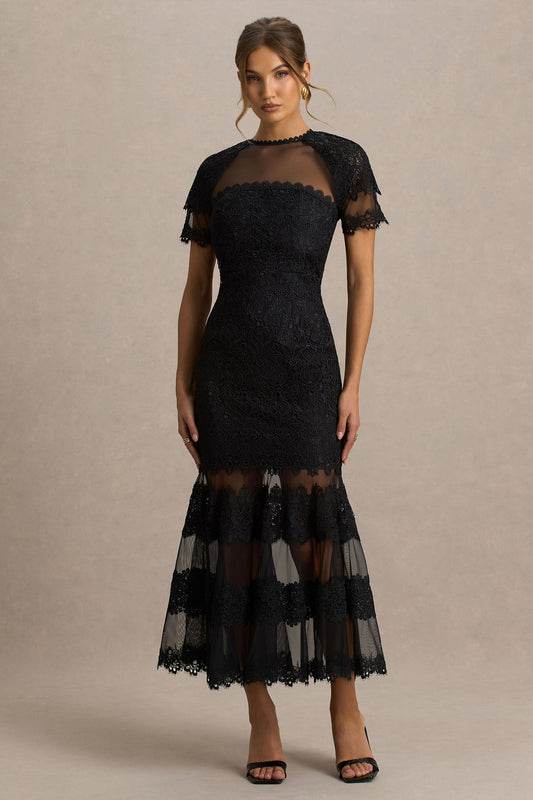 Leanne | Vestido midi negro de encaje y malla con cuello redondo y corte sirena