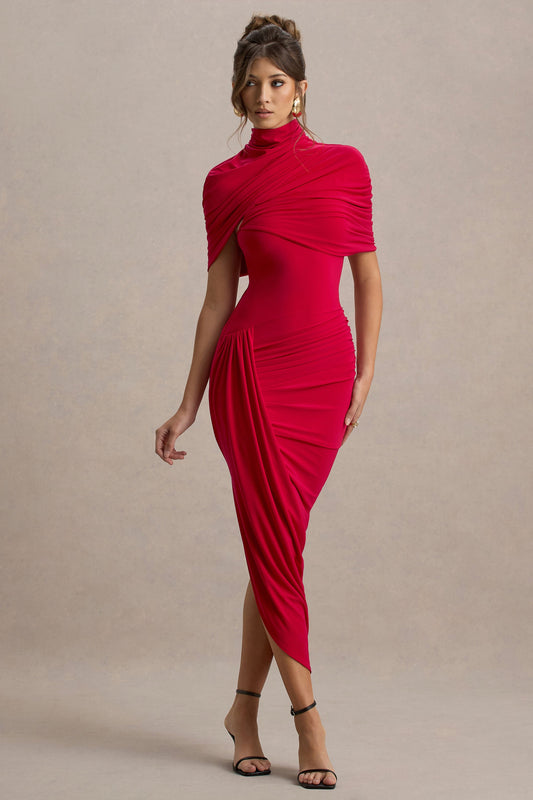Enchant | Vestido Midi Rojo con detalle de capa y drapeado