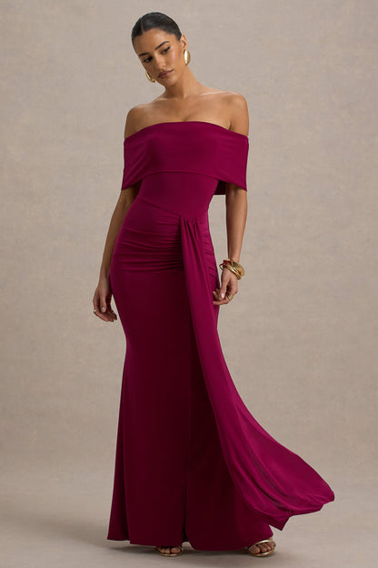 Delma | Vestido largo cereza oscuro con escote Bardot y detalle de frunces