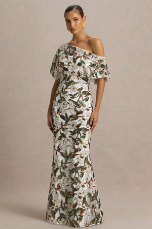 Iony | Vestido Largo de cuello asimétrico con detalles florales, malla y lentejuelas en blanco y verde
