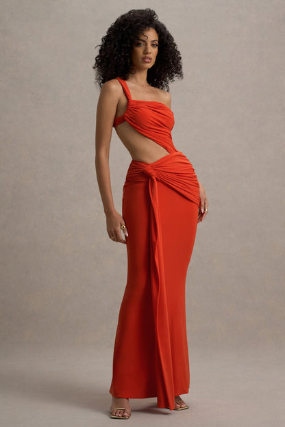 Giovanna | Vestido largo naranja con detalles cut out y fruncidos
