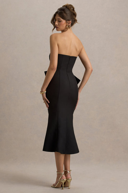 To Me | Vestido Midi Negro con escote Bandeau y lazo Oversized