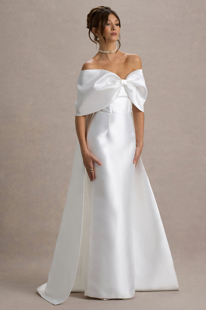Wanting More | Vestido largo blanco roto con escote bardot y detalle de capa trasera