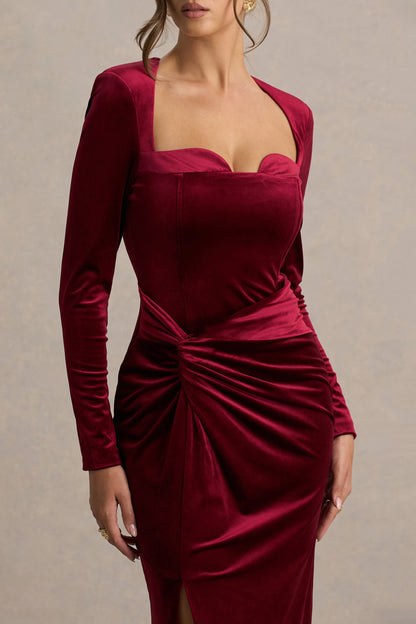 Fay | Vestido Largo Anudado Estilo Corsé en Terciopelo Color Baya