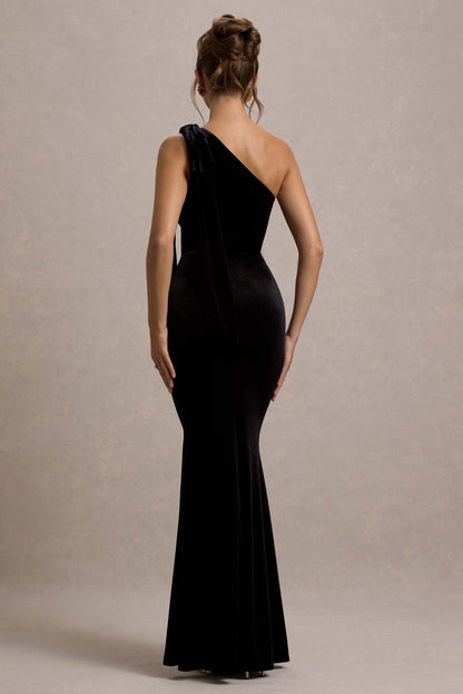 Jillian | Vestido largo Asimétrico de Terciopelo Negro con Tirante de Lazo