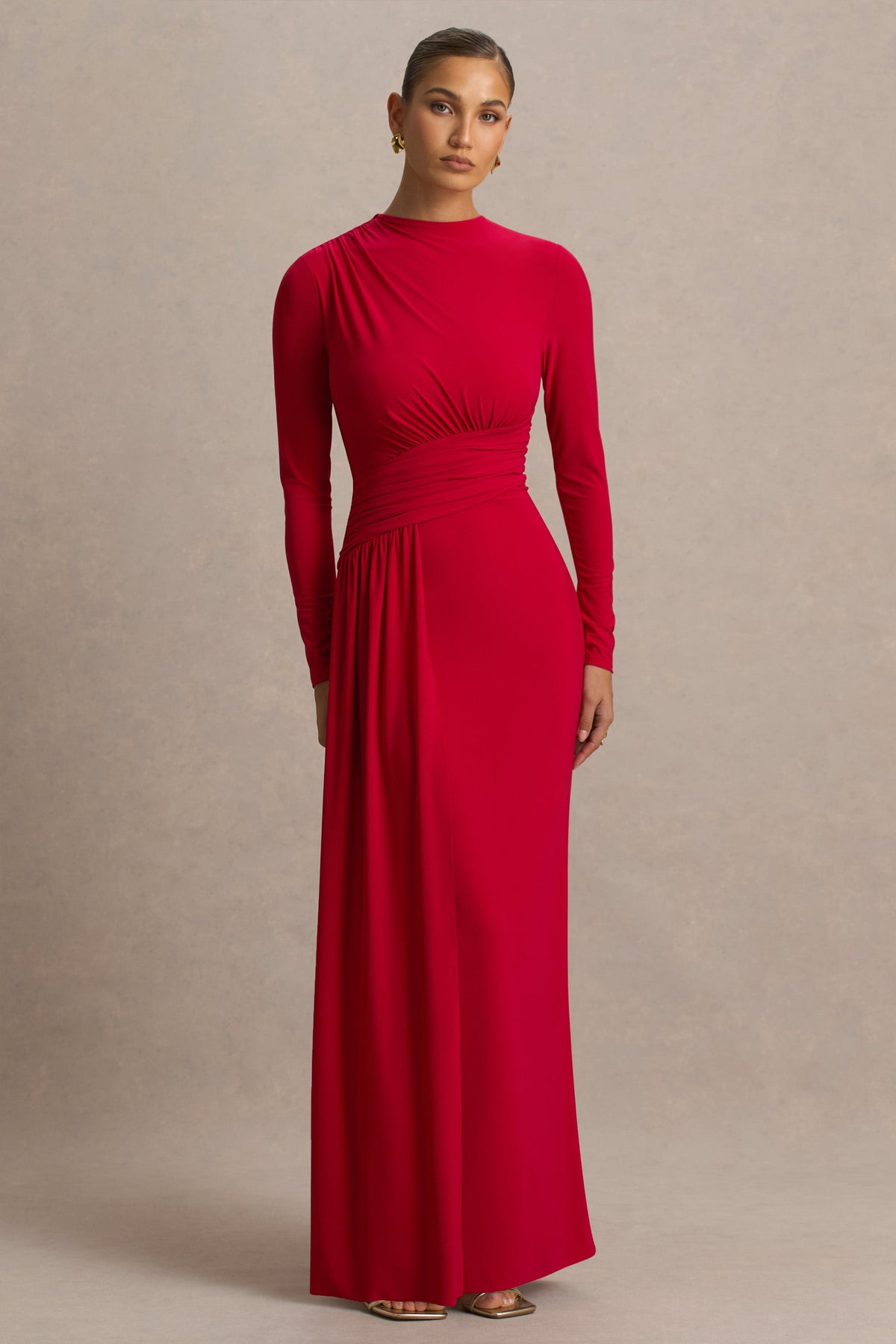 Virelle | Vestido Largo Rojo Con Escote Barco y Cintura Caída