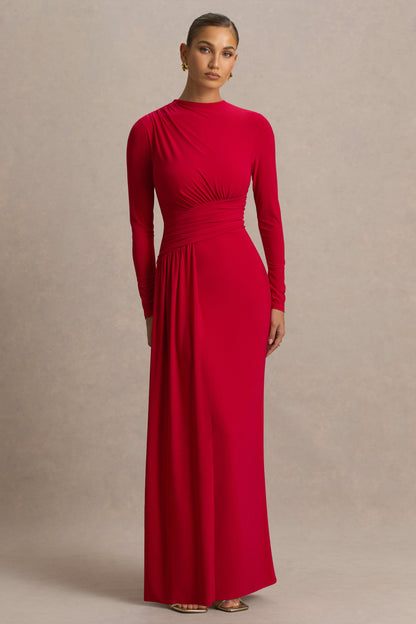 Virelle | Vestido Largo Rojo Con Escote Barco y Cintura Caída