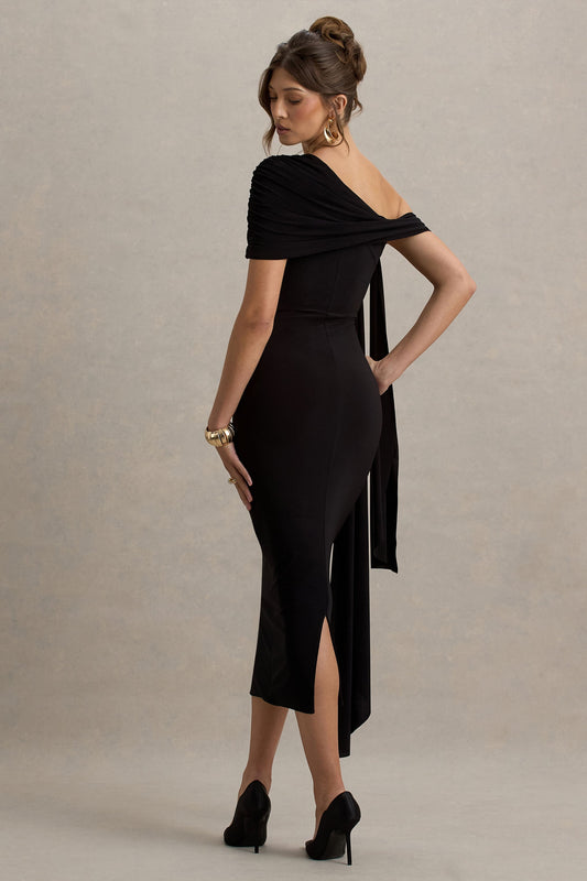 Praia | Vestido midi negro entallado con detalles fruncidos y drapeados