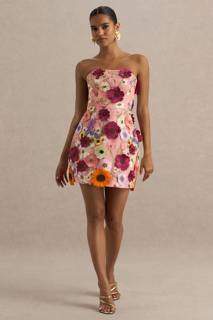 Kristen | Vestido corto Rosa con Bordado Floral y Escote bandeau
