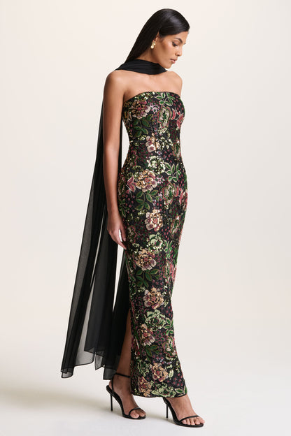 Cora | Vestido Largo Bandeau de Malla y Lentejuelas con Capa en la Espalda
