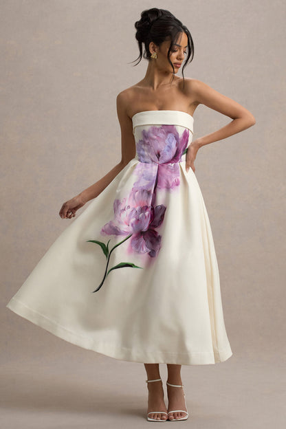 Annalise | Vestido midi con escote bandeau  con estampado floral y falda plisada
